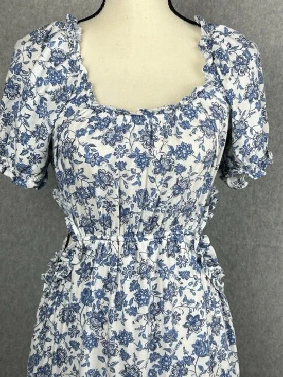 Anthropologie By The River Midi Dress Blue Floral Cutout Ruffle Tiered Cottage L - Picture 4 of 16